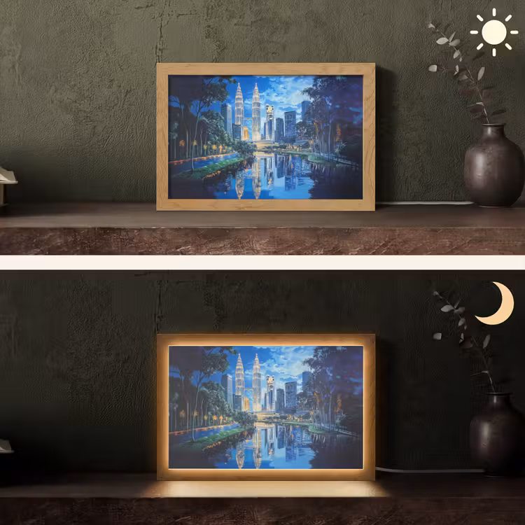 Stad Kuala Lumpur - Skyline - Wolkenkrabbers - Water Light Box met kabel (Tafellamp) klein -sfeer3