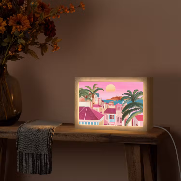 Stad - Roze - Palmbomen Light Box met kabel (Tafellamp) klein -sfeer4
