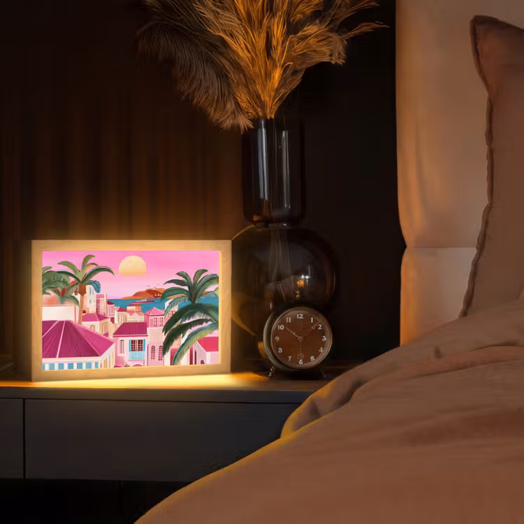 Stad - Roze - Palmbomen Light Box met kabel (Tafellamp) klein -sfeer1