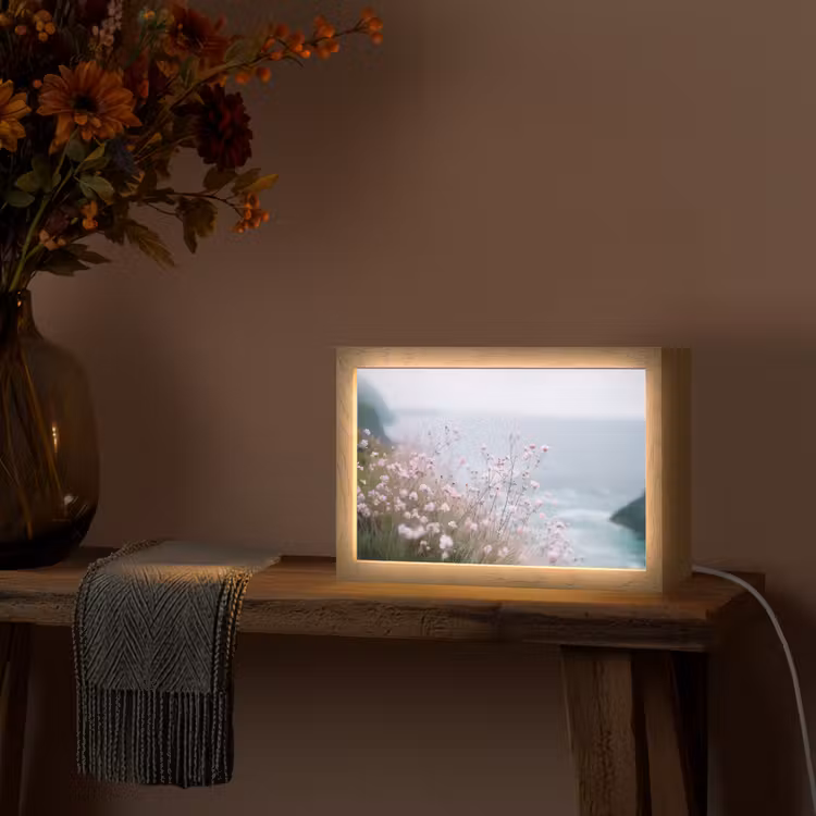 Klif - Bloemen - Zee - Roze Light Box met kabel (Tafellamp) klein -sfeer4