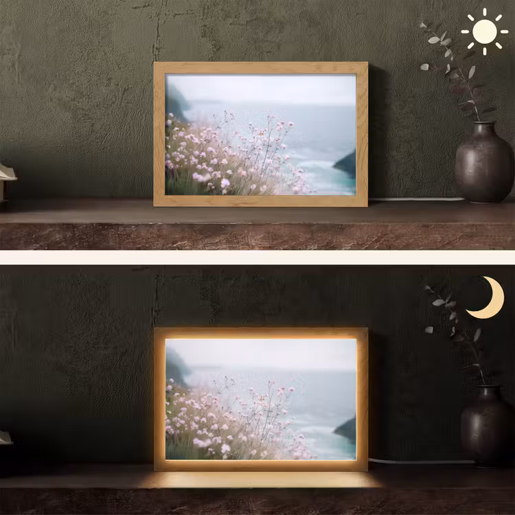 Klif - Bloemen - Zee - Roze Light Box met kabel (Tafellamp) klein -sfeer3