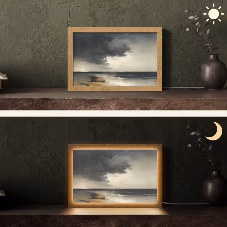 Kust - Golven - Rots - Storm Light Box met kabel (Tafellamp) klein -sfeer3