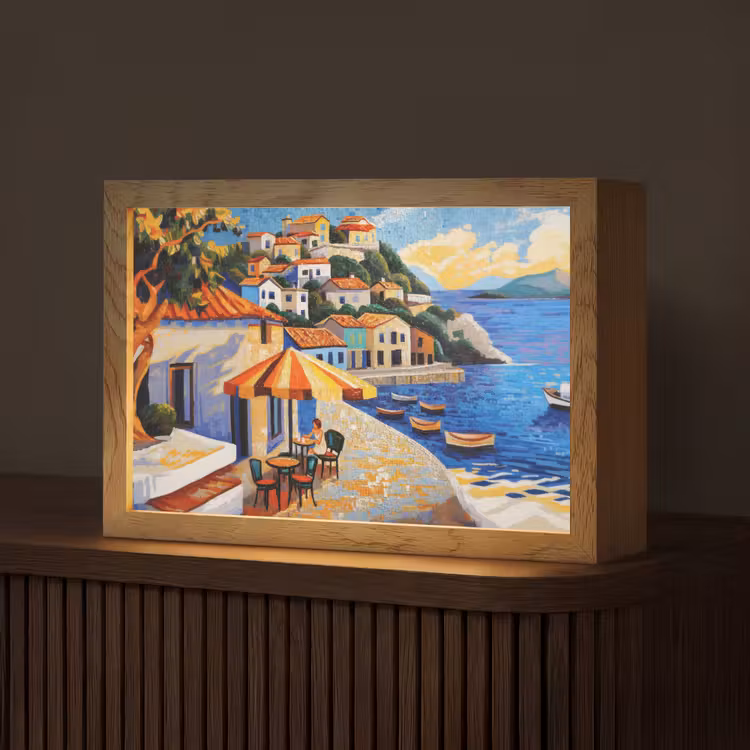 Kustdorp - Huisjes - Mozaïek - Zee Light Box met kabel (Tafellamp) klein -z3d_website