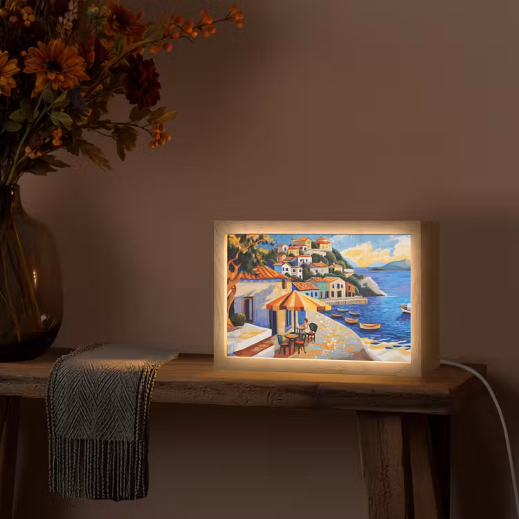 Kustdorp - Huisjes - Mozaïek - Zee Light Box met kabel (Tafellamp) klein -sfeer4