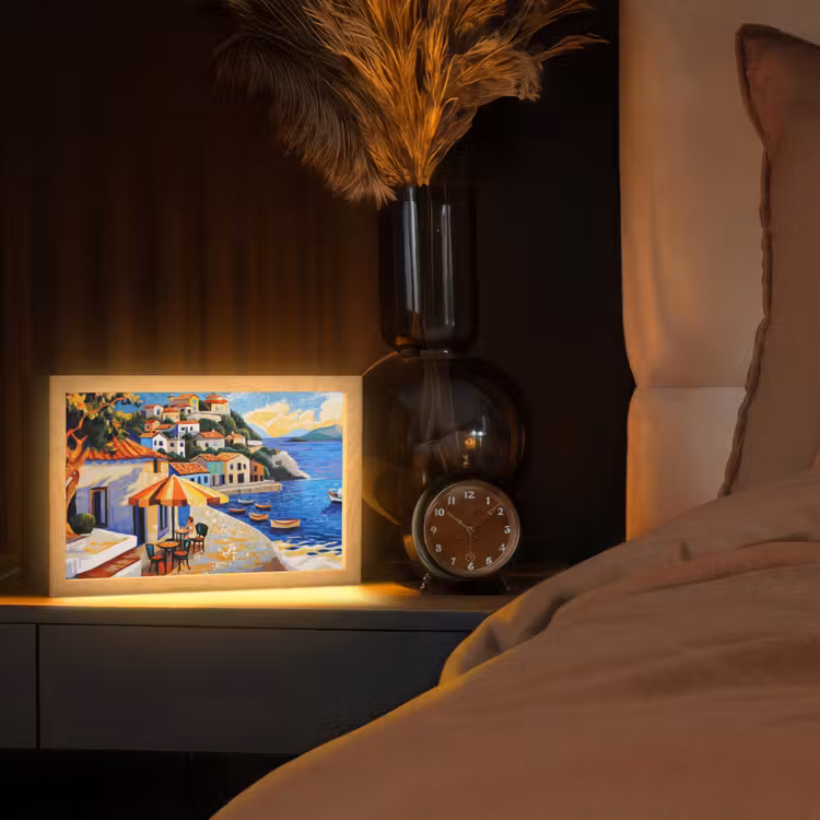 Kustdorp - Huisjes - Mozaïek - Zee Light Box met kabel (Tafellamp) klein -sfeer1