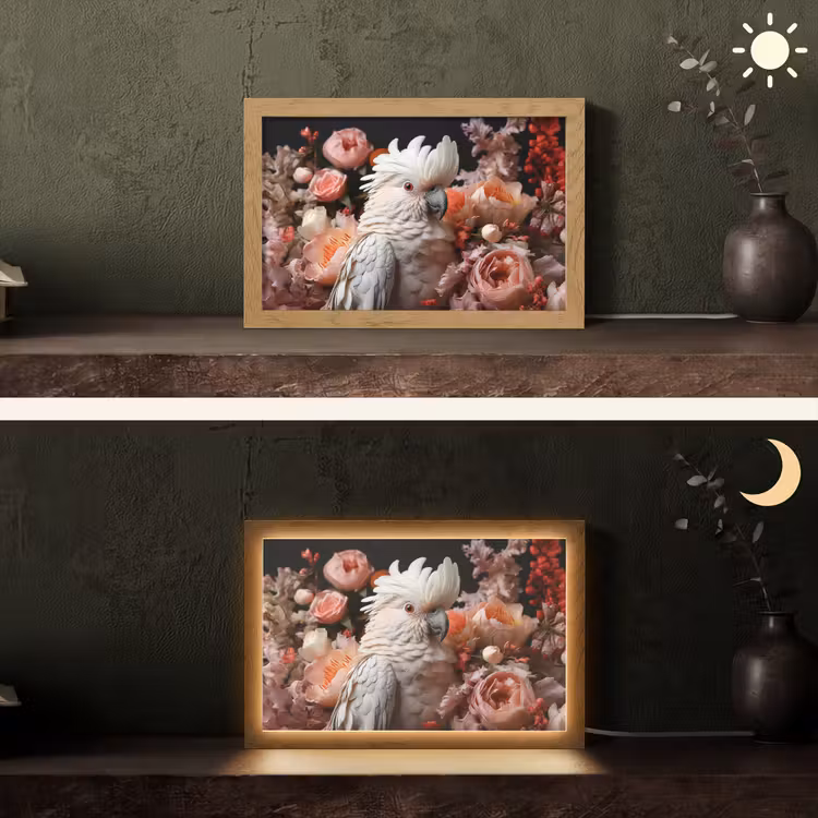 Kaketoe - Dier - Natuur - Botanisch - Bloemen - Roze Light Box met kabel (Tafellamp) klein -sfeer3