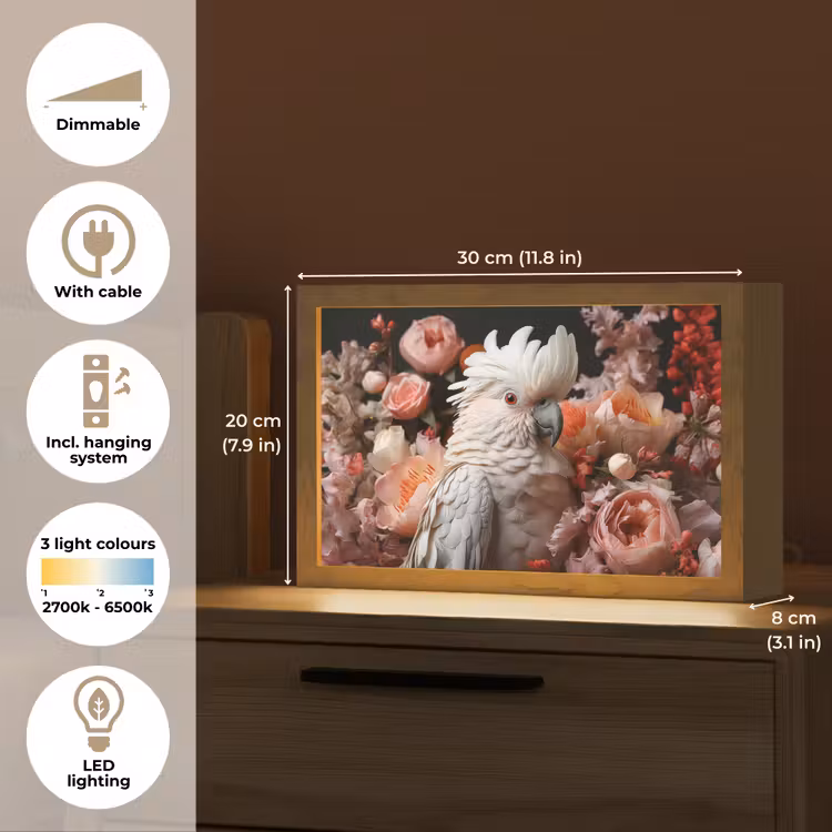 Kaketoe - Dier - Natuur - Botanisch - Bloemen - Roze Light Box met kabel (Tafellamp) klein -USP_EN