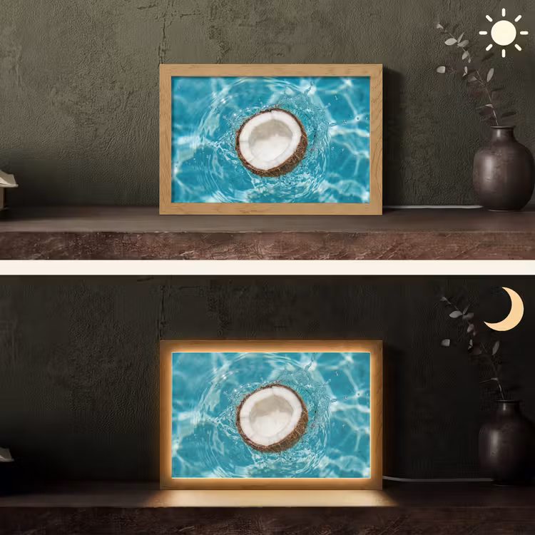 Kokosnoot - Water - Wit Light Box met kabel (Tafellamp) klein -sfeer3
