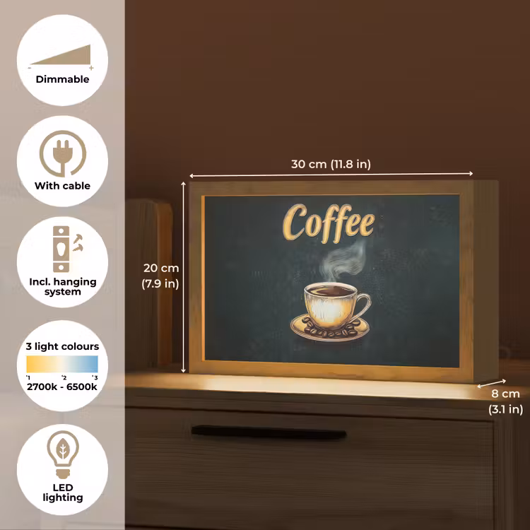 Koffie - Schotel - Koffiebonen - Retro Light Box met kabel (Tafellamp) klein -USP_EN