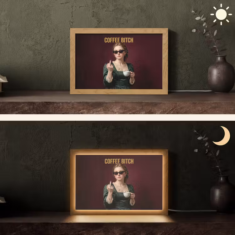 Koffie - Vrouw - Middelvinger Light Box met kabel (Tafellamp) klein -sfeer3