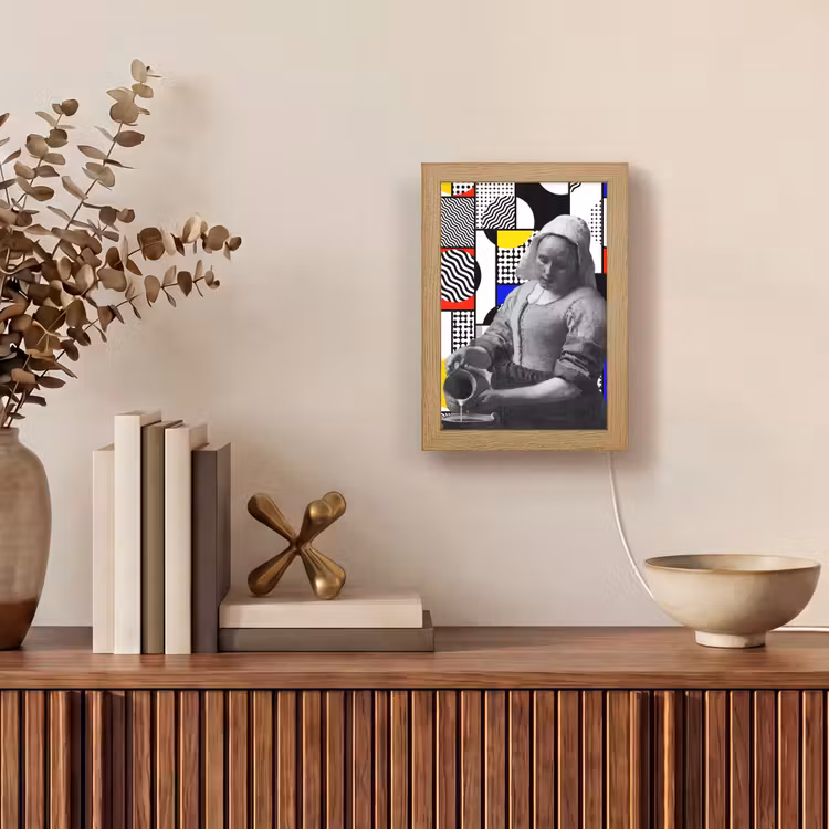 Collage - Mondriaan - Melkmeisje Light Box met kabel (Tafellamp) klein -sfeer2
