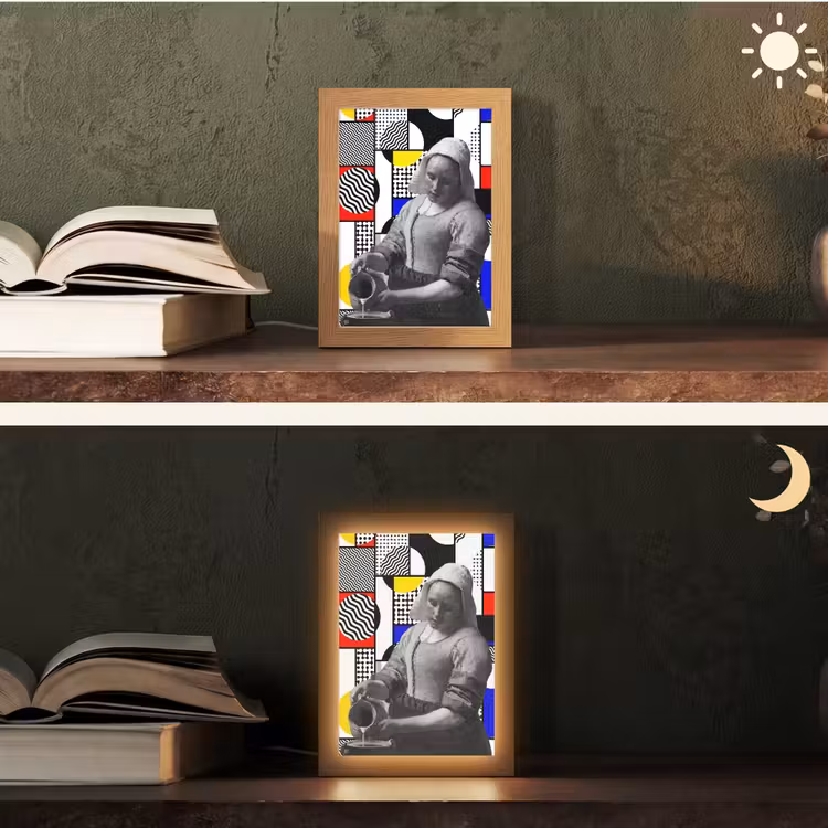 Collage - Mondriaan - Melkmeisje Light Box met kabel (Tafellamp) klein -sfeer3