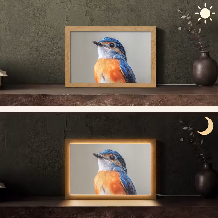 Kleurrijk - Vogeltje - Veren - Blauw Light Box met kabel (Tafellamp) klein -sfeer3