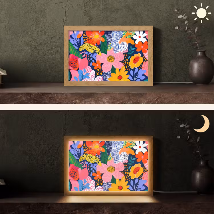 Kleurrijk - Bloemen - Abstract - Stippen Light Box met kabel (Tafellamp) klein -sfeer3