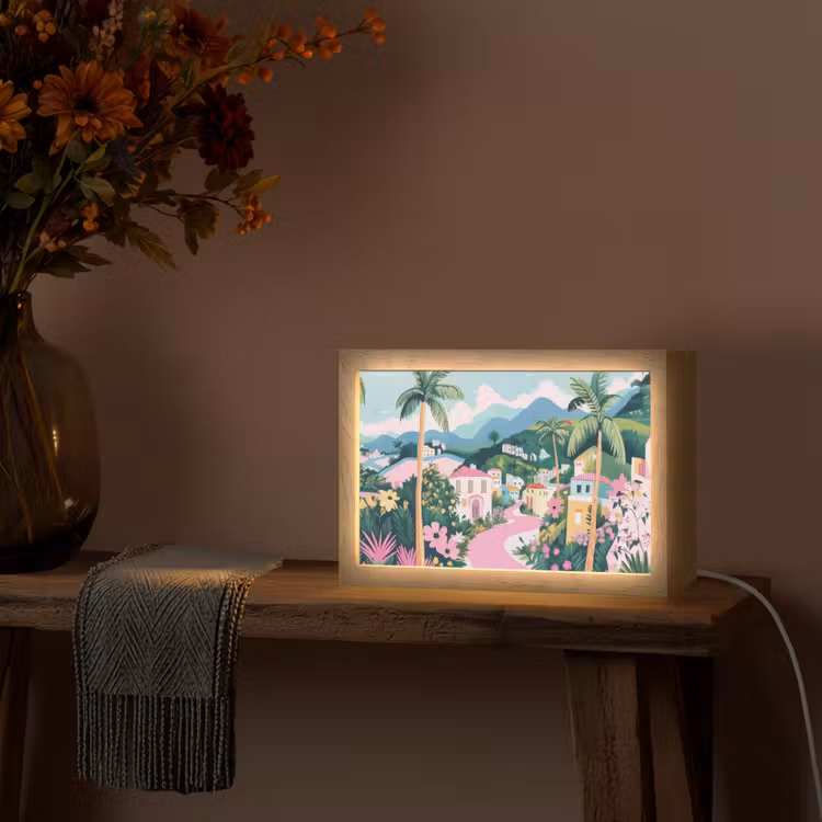 Kleurrijk - Huizen - Heuvels - Roze Light Box met kabel (Tafellamp) klein -sfeer4