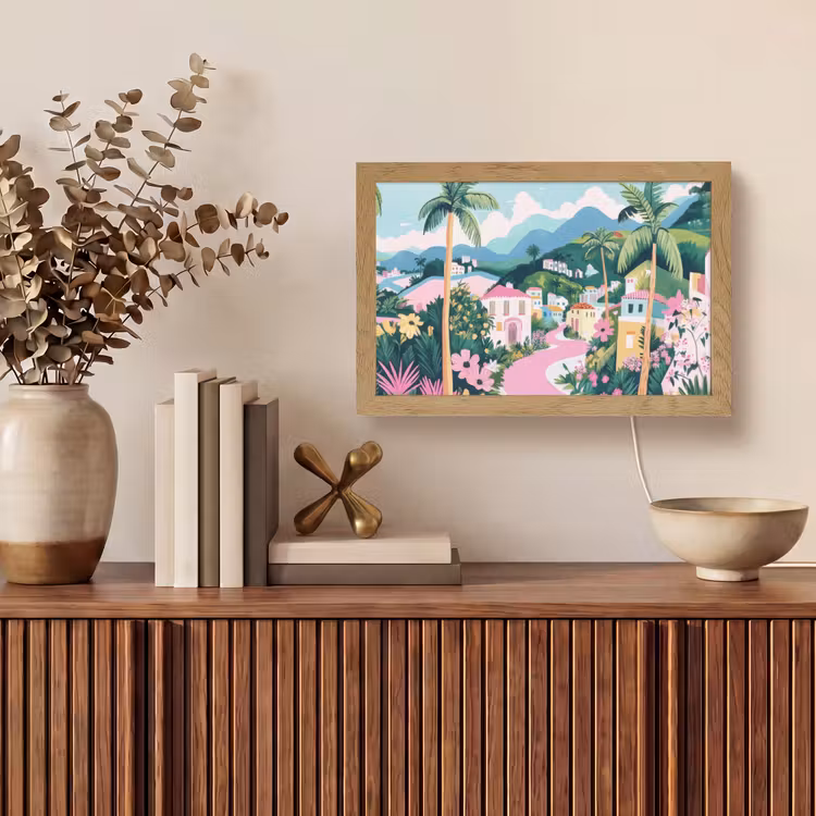 Kleurrijk - Huizen - Heuvels - Roze Light Box met kabel (Tafellamp) klein -sfeer2
