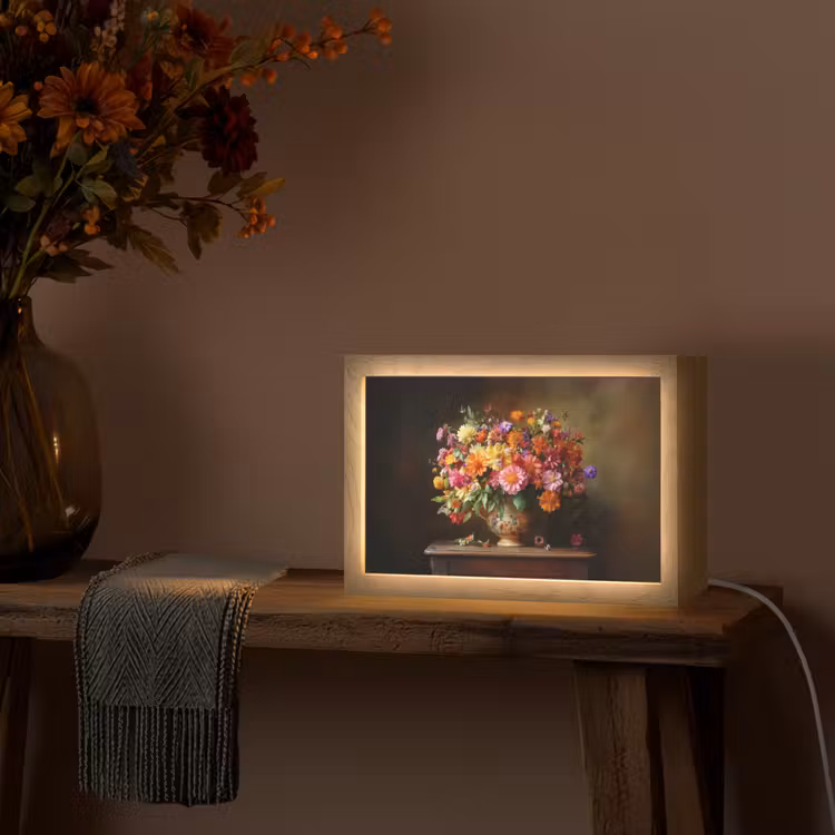 Kleuren - Boeket - Vaas - Hout Light Box met kabel (Tafellamp) klein -sfeer4