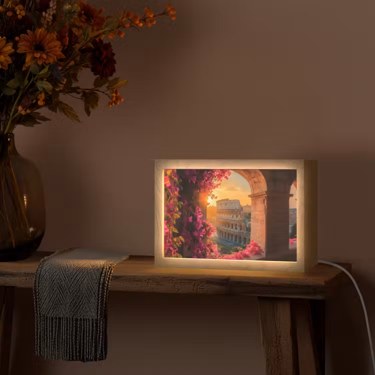 Colosseum - Rome - Roze Bloemen Light Box met kabel (Tafellamp) klein -sfeer4