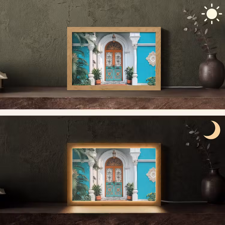 Zuilen - Sierlijke - Deur - Blauw Light Box met kabel (Tafellamp) klein -sfeer3