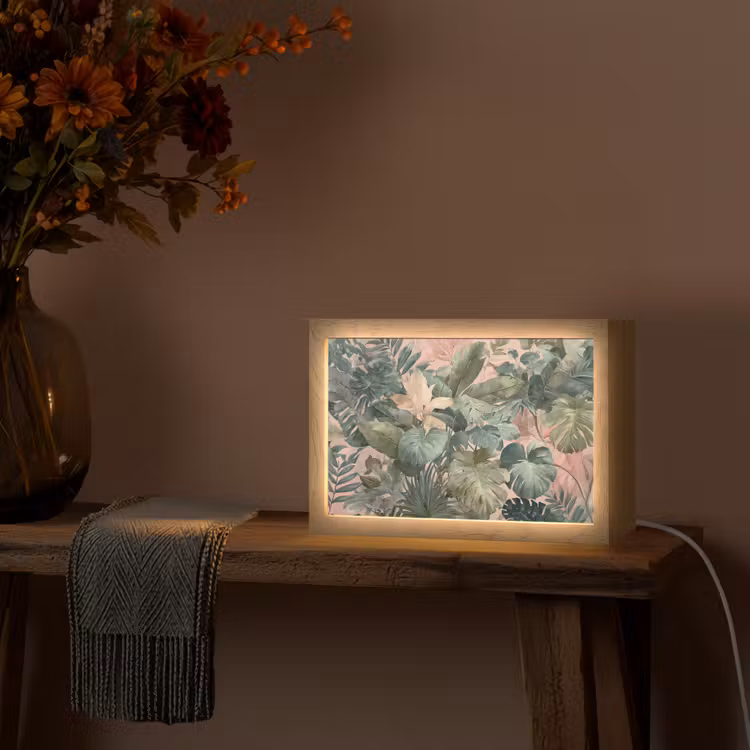 Compositie van bladeren - Groen - Roze Light Box met kabel (Tafellamp) klein -sfeer4