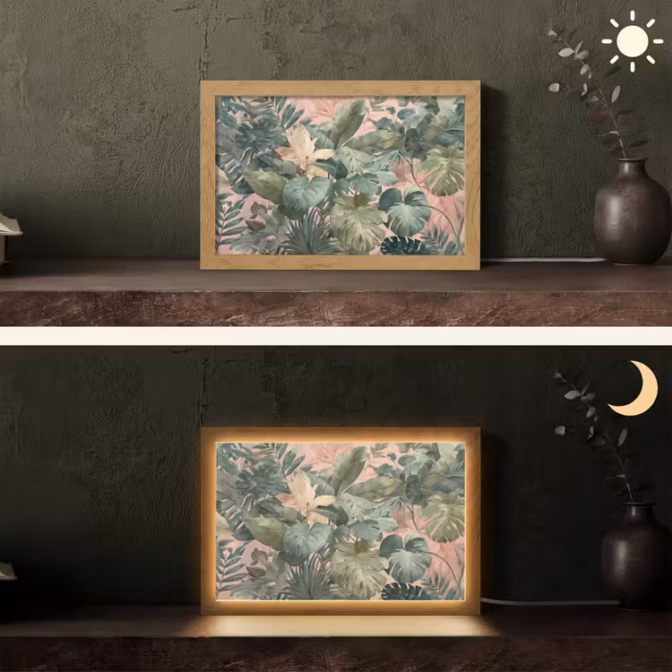 Compositie van bladeren - Groen - Roze Light Box met kabel (Tafellamp) klein -sfeer3