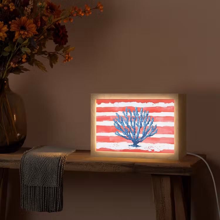 Koraal - Verfstructuur - Rood - Blauw Light Box met kabel (Tafellamp) klein -sfeer4