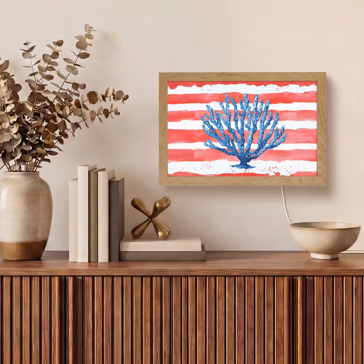 Koraal - Verfstructuur - Rood - Blauw Light Box met kabel (Tafellamp) klein -sfeer2