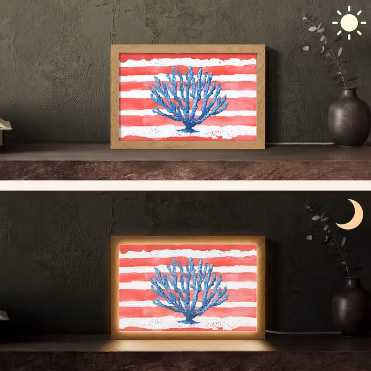 Koraal - Verfstructuur - Rood - Blauw Light Box met kabel (Tafellamp) klein -sfeer3
