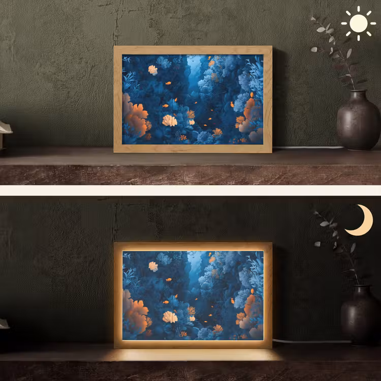 Koraalrif - Vissen - Oceaan - Blauw Light Box met kabel (Tafellamp) klein -sfeer3