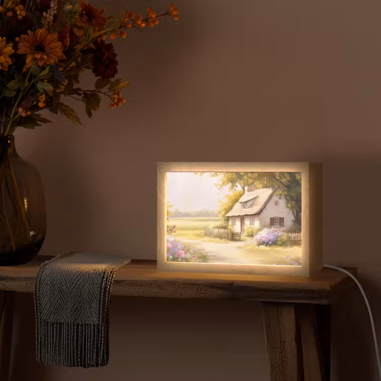 Huisje - Hout - Bloemen Light Box met kabel (Tafellamp) klein -sfeer4