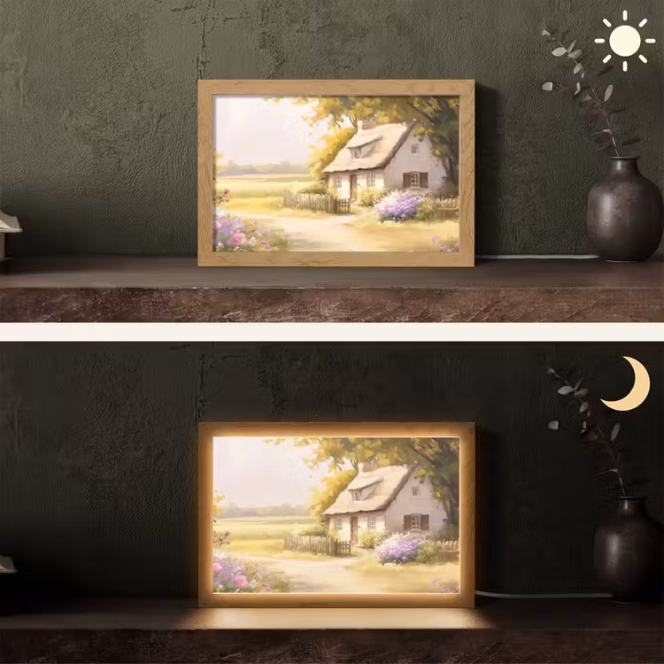 Huisje - Hout - Bloemen Light Box met kabel (Tafellamp) klein -sfeer3