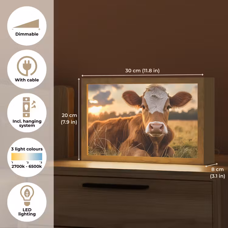Koe - Dier - Weiland - Gras - Dieren - Natuur Light Box met kabel (Tafellamp) klein -USP_EN