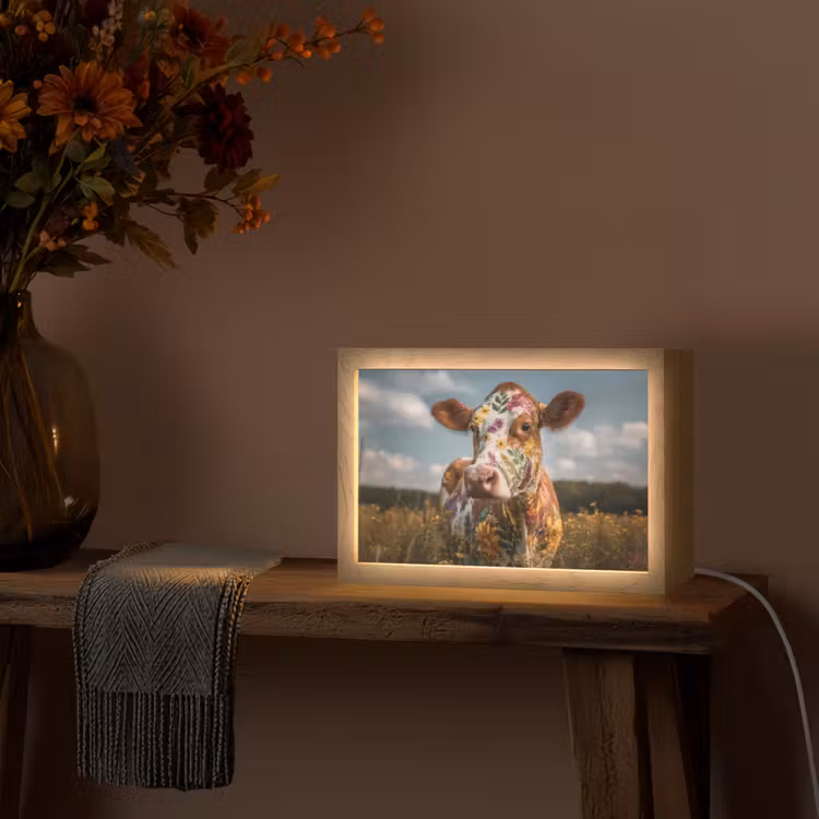 Koe - Bloemen - Weiland Light Box met kabel (Tafellamp) klein -sfeer4