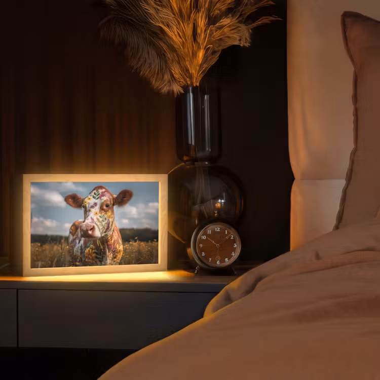 Koe - Bloemen - Weiland Light Box met kabel (Tafellamp) klein -sfeer1