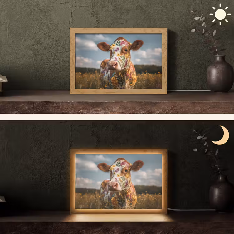 Koe - Bloemen - Weiland Light Box met kabel (Tafellamp) klein -sfeer3