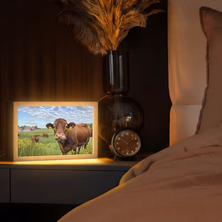 Koe - Weide - Bloemen Light Box met kabel (Tafellamp) klein -sfeer1
