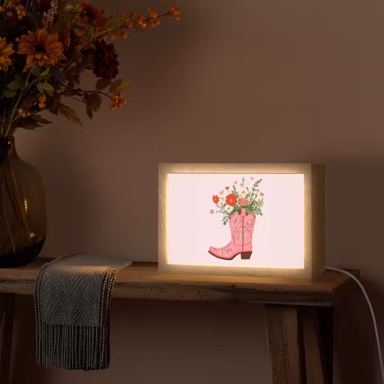 Cowboylaarzen - Roze - Boeket - Bloemen Light Box met kabel (Tafellamp) klein -sfeer4