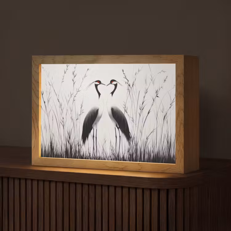 Kraanvogels - Gras - Hartvorm - Zwart Light Box met kabel (Tafellamp) klein -z3d_website
