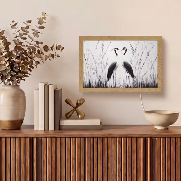 Kraanvogels - Gras - Hartvorm - Zwart Light Box met kabel (Tafellamp) klein -sfeer2