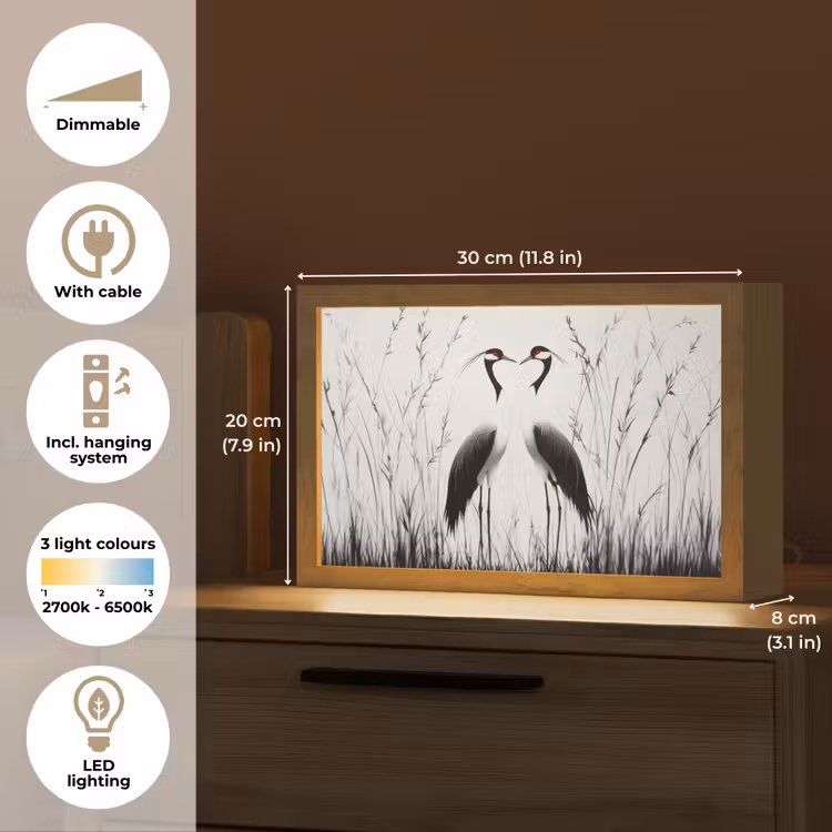 Kraanvogels - Gras - Hartvorm - Zwart Light Box met kabel (Tafellamp) klein -USP_EN