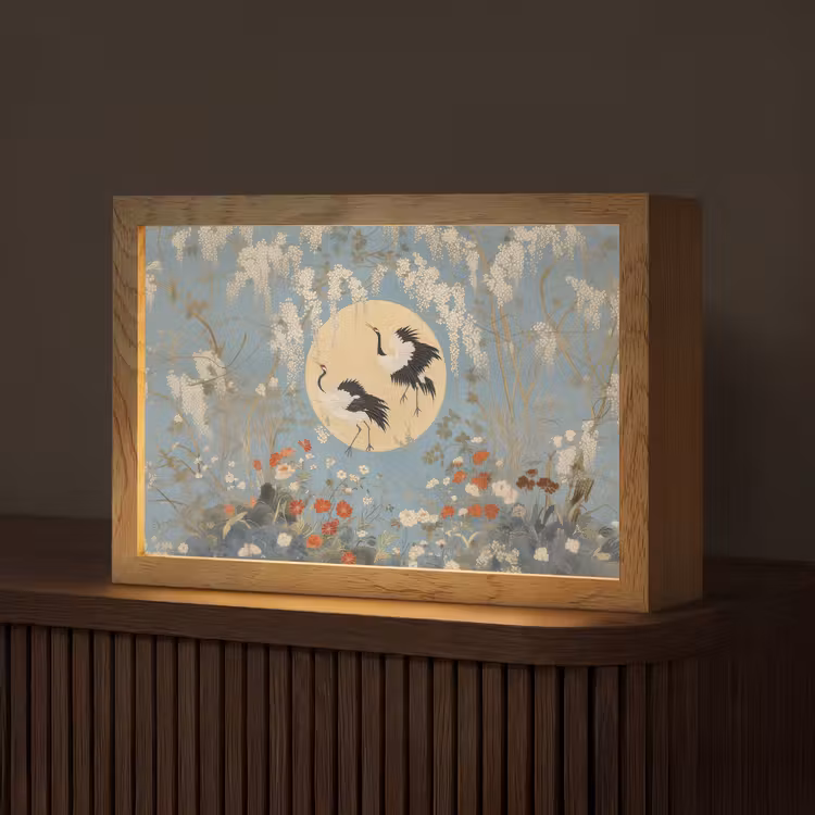 Kraanvogels - Maan - Bloemen - Blauw Light Box met kabel (Tafellamp) klein -z3d_website