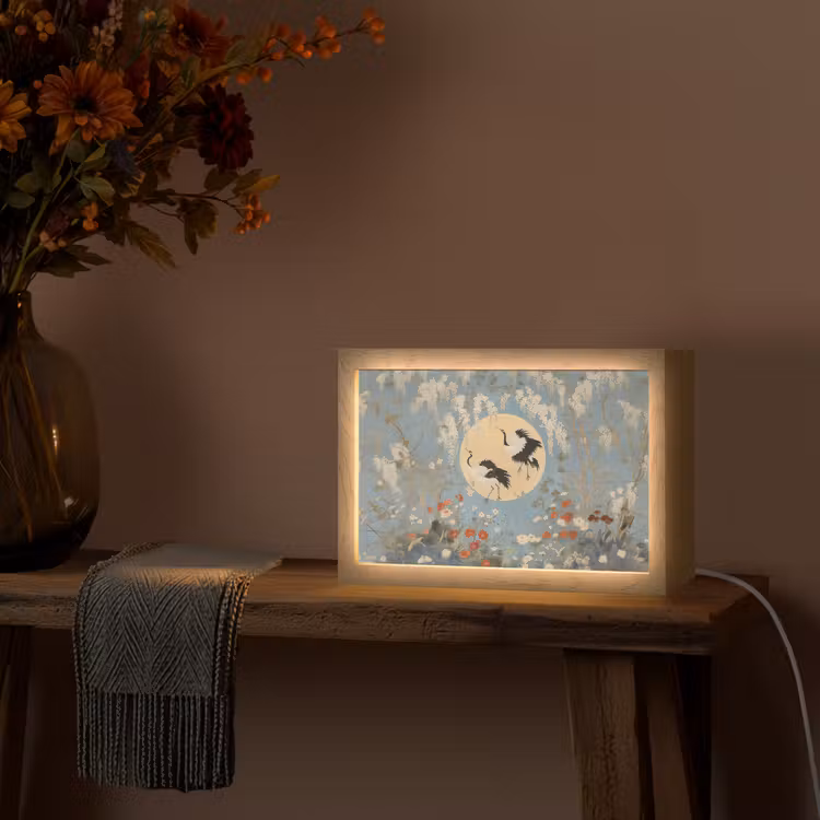 Kraanvogels - Maan - Bloemen - Blauw Light Box met kabel (Tafellamp) klein -sfeer4