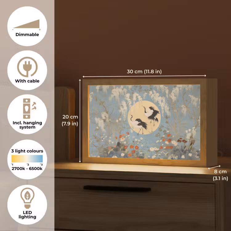 Kraanvogels - Maan - Bloemen - Blauw Light Box met kabel (Tafellamp) klein -USP_EN