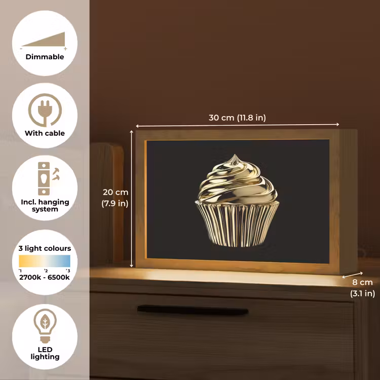 Cupcake - Eten - Goud - Zwart Light Box met kabel (Tafellamp) klein -USP_EN