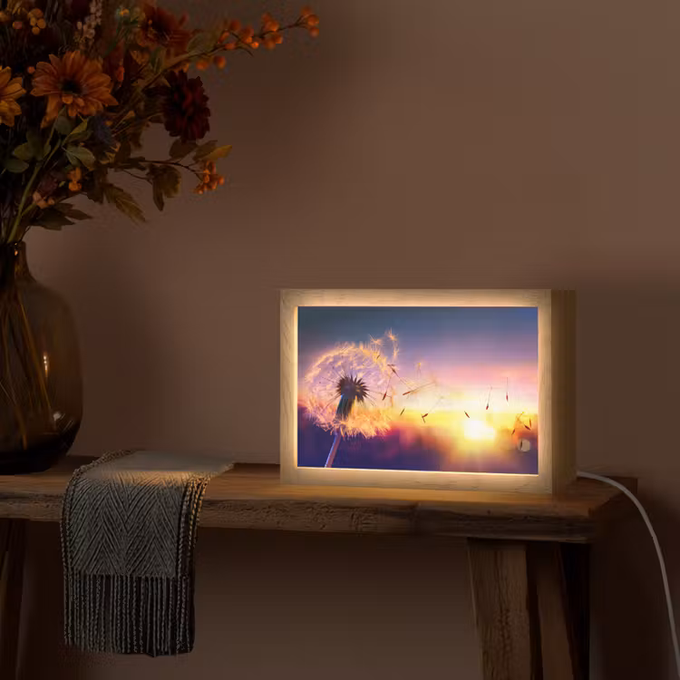 Paardenbloem - Bloemen - Zonsondergang - Horizon - Nacht Light Box met kabel (Tafellamp) klein -sfeer4