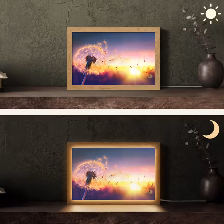 Paardenbloem - Bloemen - Zonsondergang - Horizon - Nacht Light Box met kabel (Tafellamp) klein -sfeer3