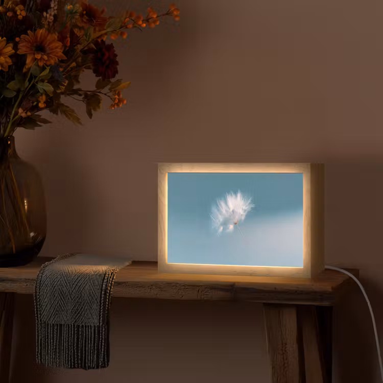 Paardenbloempluisje - Blauw - Lucht Light Box met kabel (Tafellamp) klein -sfeer4