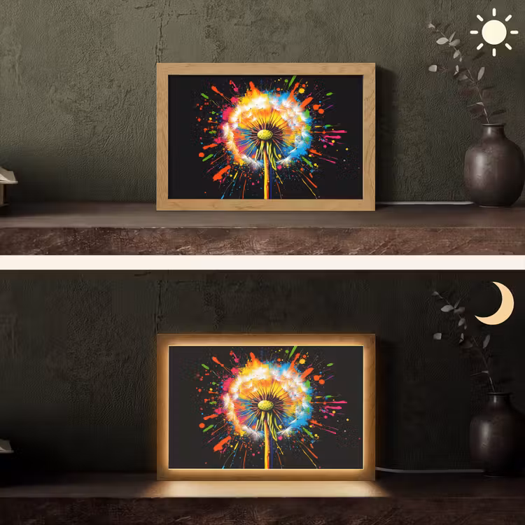 Paardenbloem - Graffiti - Kleurrijk - Bloemen - Natuur Light Box met kabel (Tafellamp) klein -sfeer3