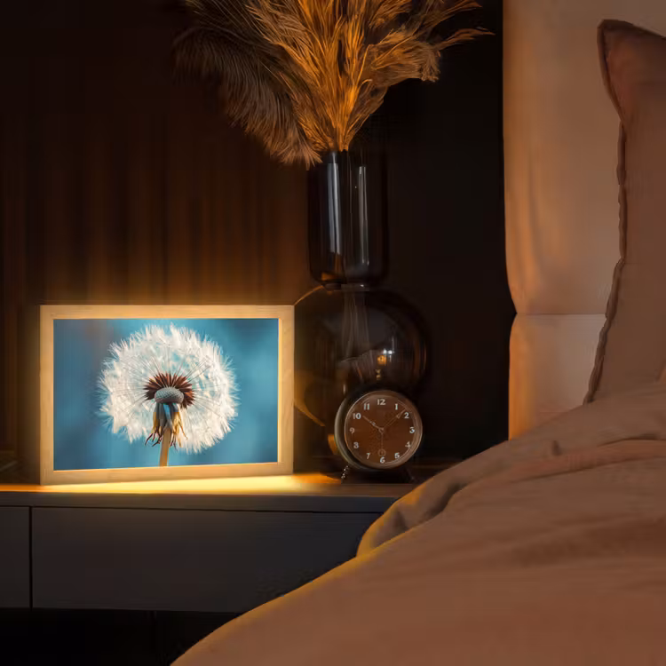 Paardenbloem - Natuur - Bloemen - Blauw Light Box met kabel (Tafellamp) klein -sfeer1