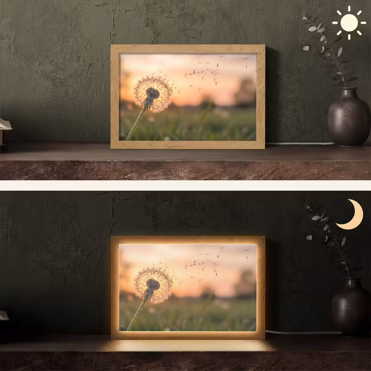 Paardenbloem - Zonsondergang - Veld Light Box met kabel (Tafellamp) klein -sfeer3